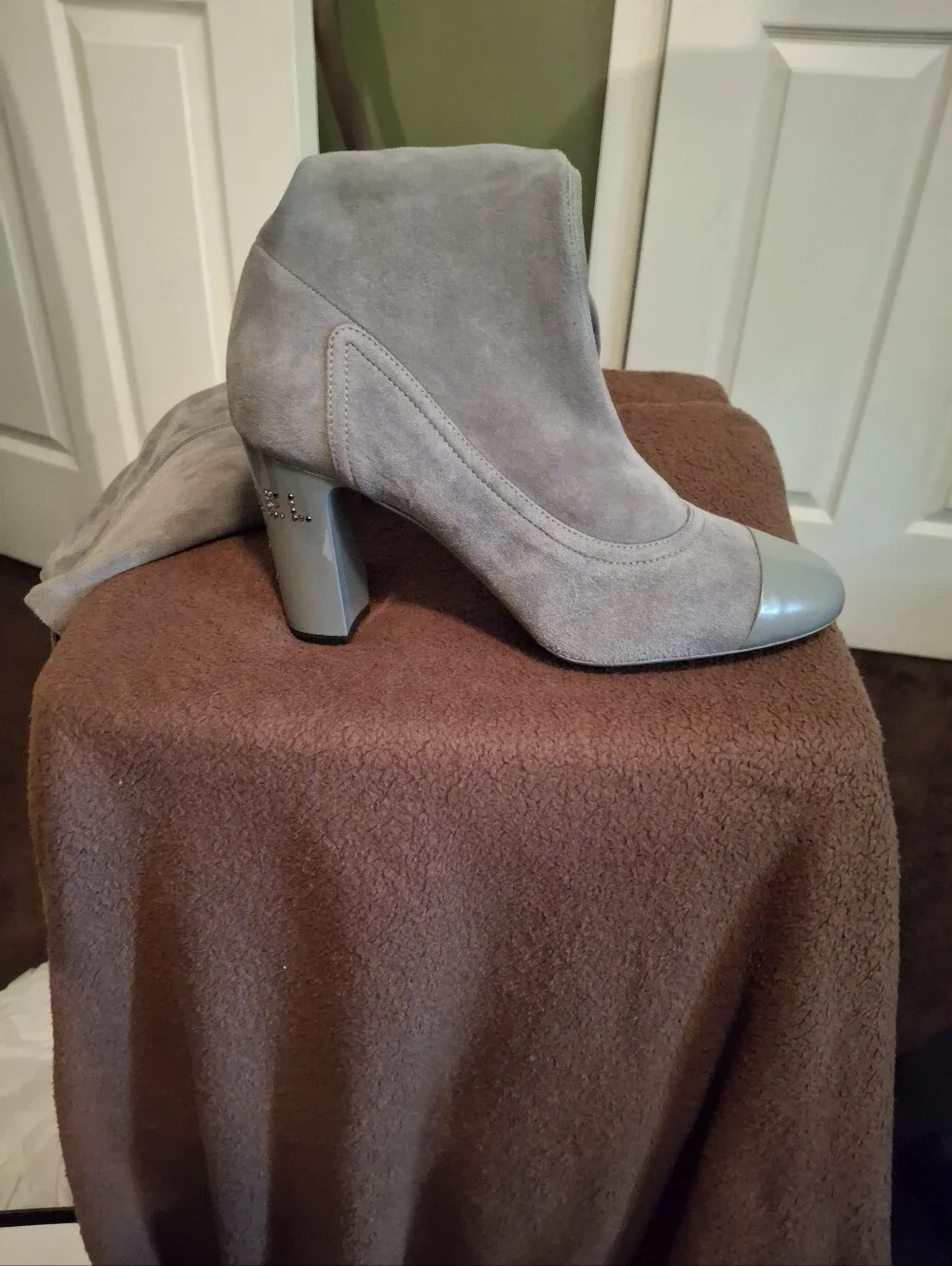 CHANEL Light Gray Suede Over-the-Knee Boots with Patent Toe Comes With Box.